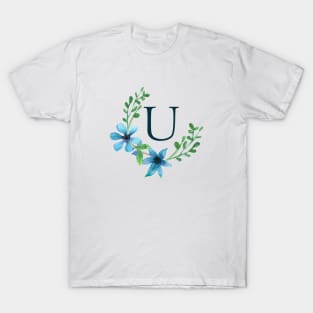 Floral Monogram U Pretty Blue Flowers T-Shirt